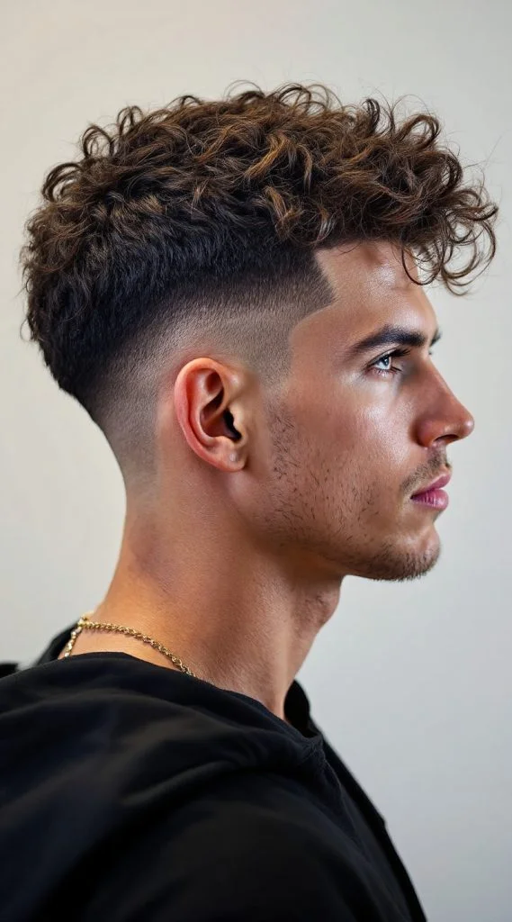 Curly Taper Fade with Hard Part