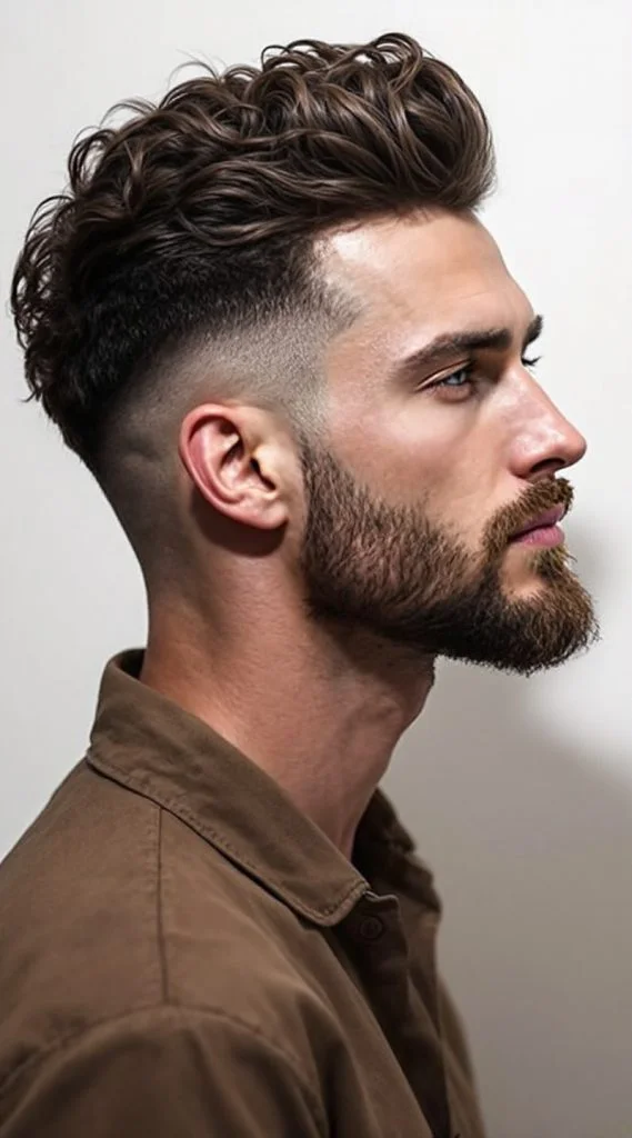Curly Pompadour with Mid Fade