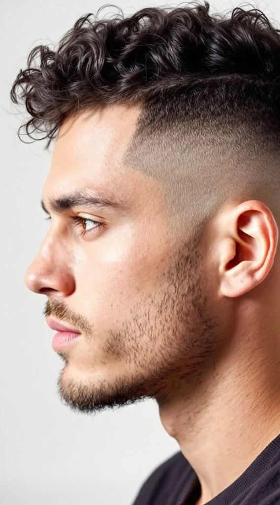 Curly Fade with Hard Part and Design