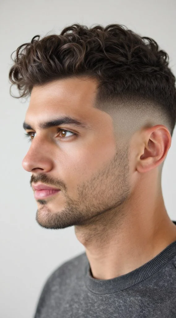 Curly Slick Back with Taper Fade