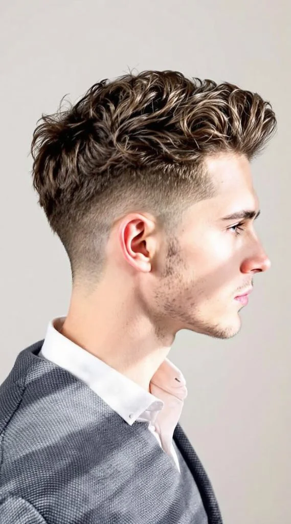 Curly Side Part with Low Fade